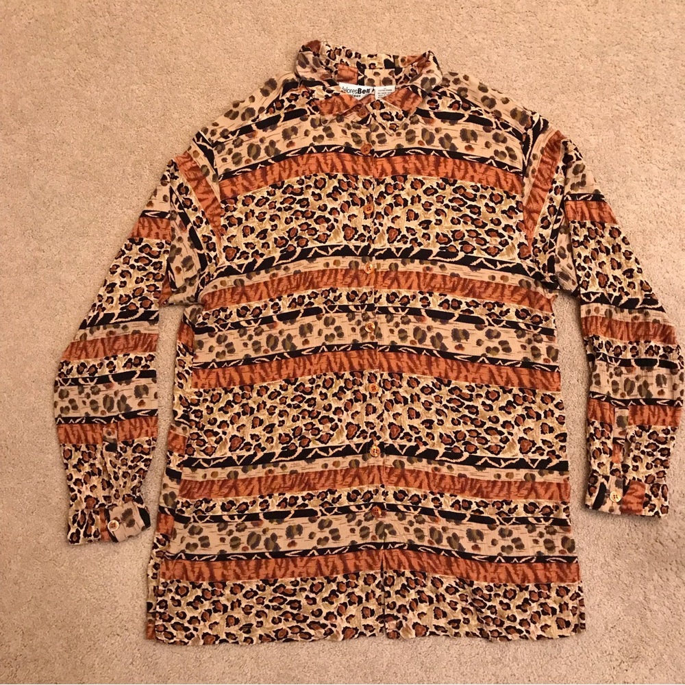 Vintage Button Down Long Sleeve Tunic Blouse Sz 2X Animal Print Tan Orange Black